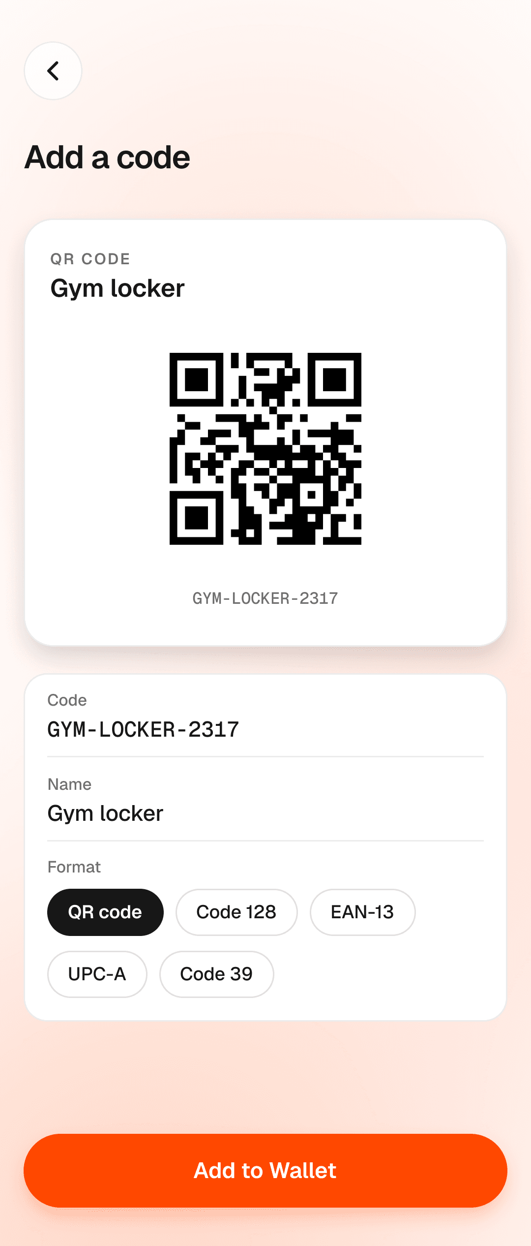 Walt's Add a code form with a locker code typed in and a live QR preview