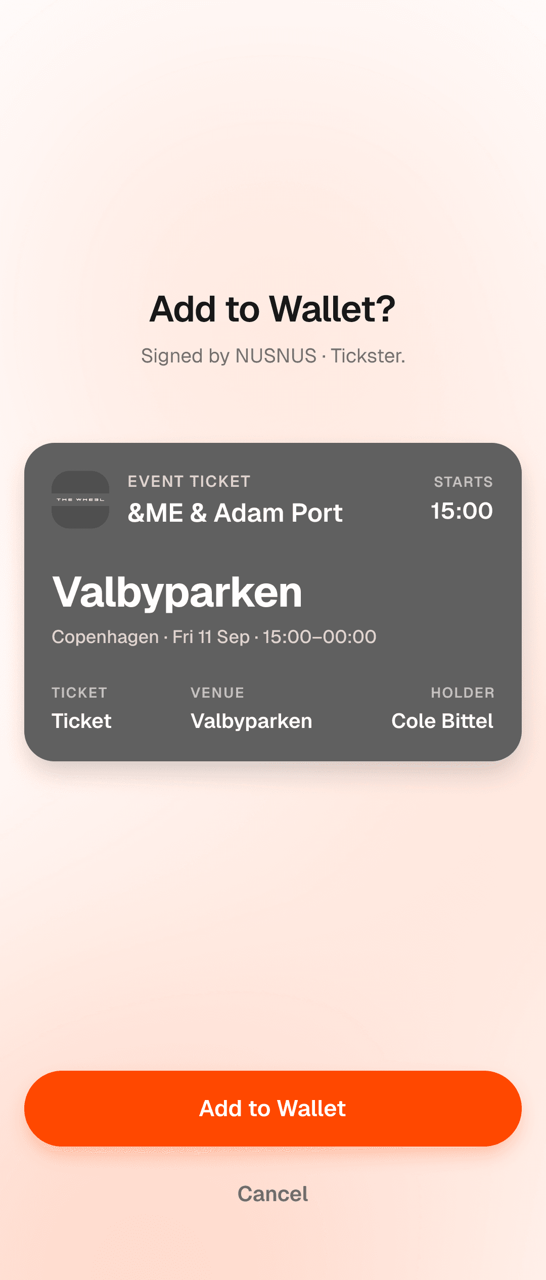 Walt's Add to Wallet confirm screen for a signed &ME & Adam Port event ticket imported from a file