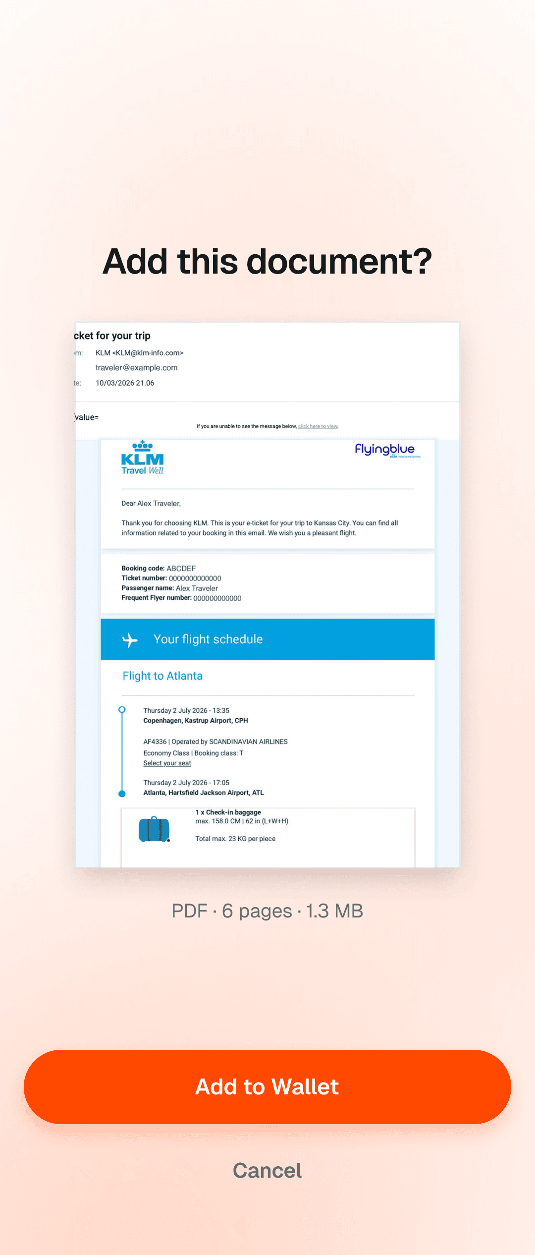 Walt's Add this document confirm screen previewing a KLM PDF e-ticket before it's saved