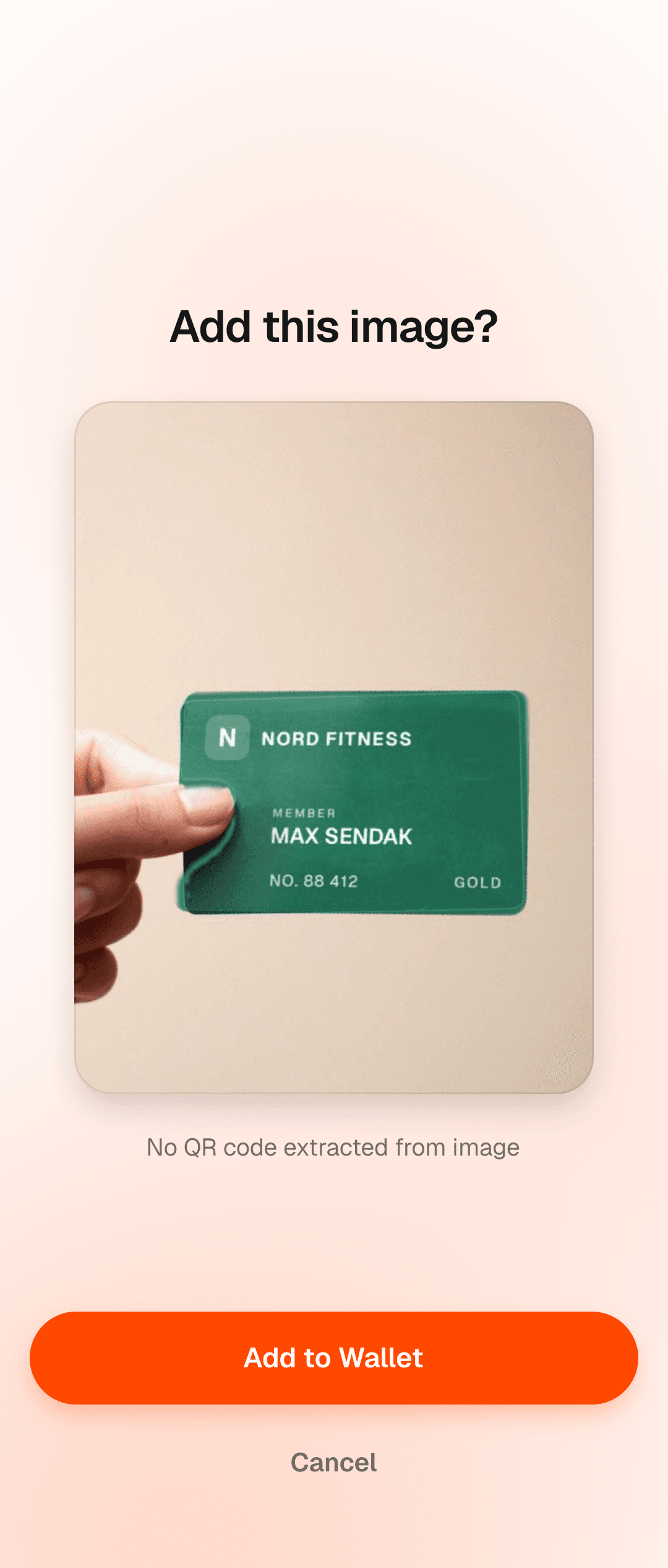 Walt's Add this image confirm screen showing a photographed NORD Fitness membership card