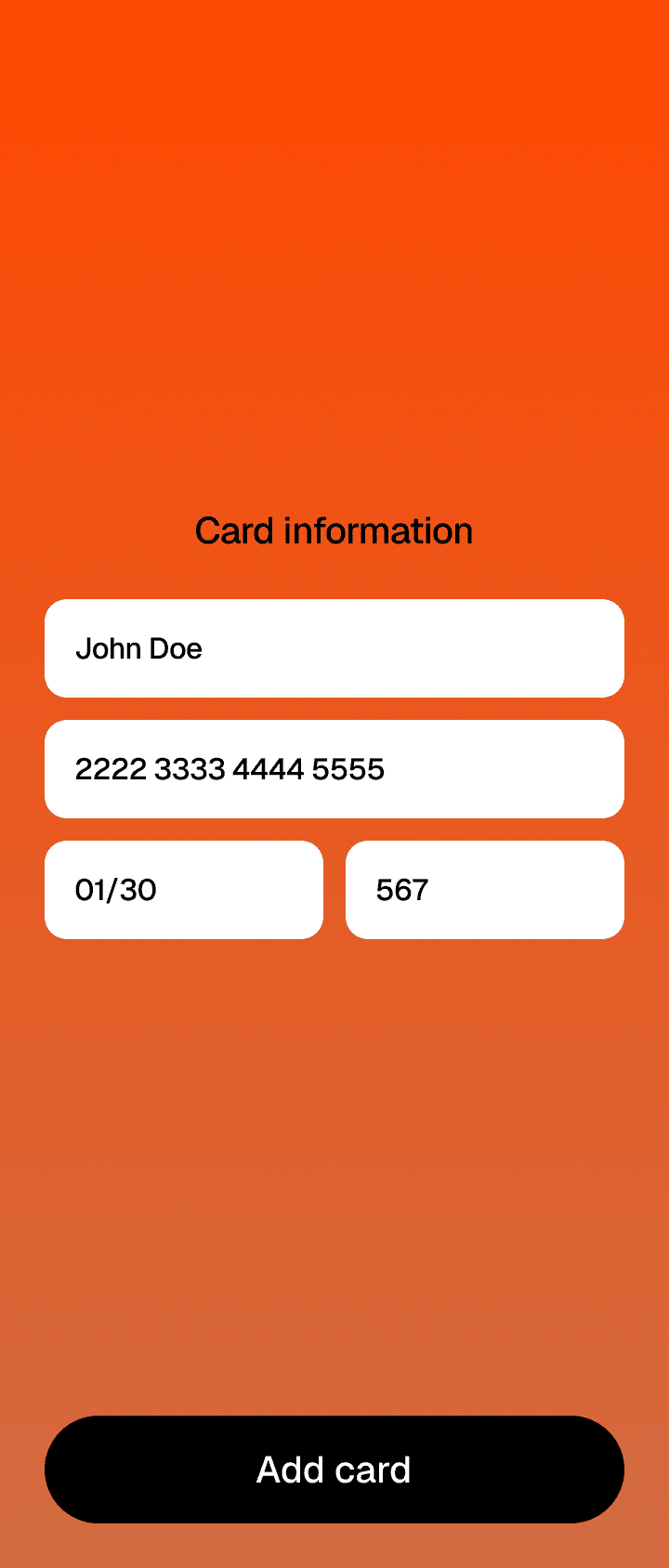 Walt add-card screen with name, card number, expiry, and CVC filled in