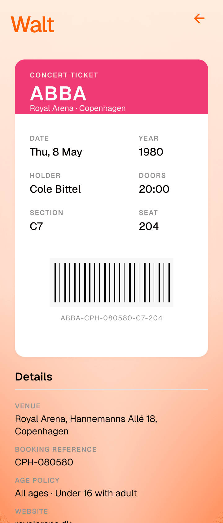 A concert ticket pass for ABBA at Royal Arena Copenhagen, displayed in the Walt app