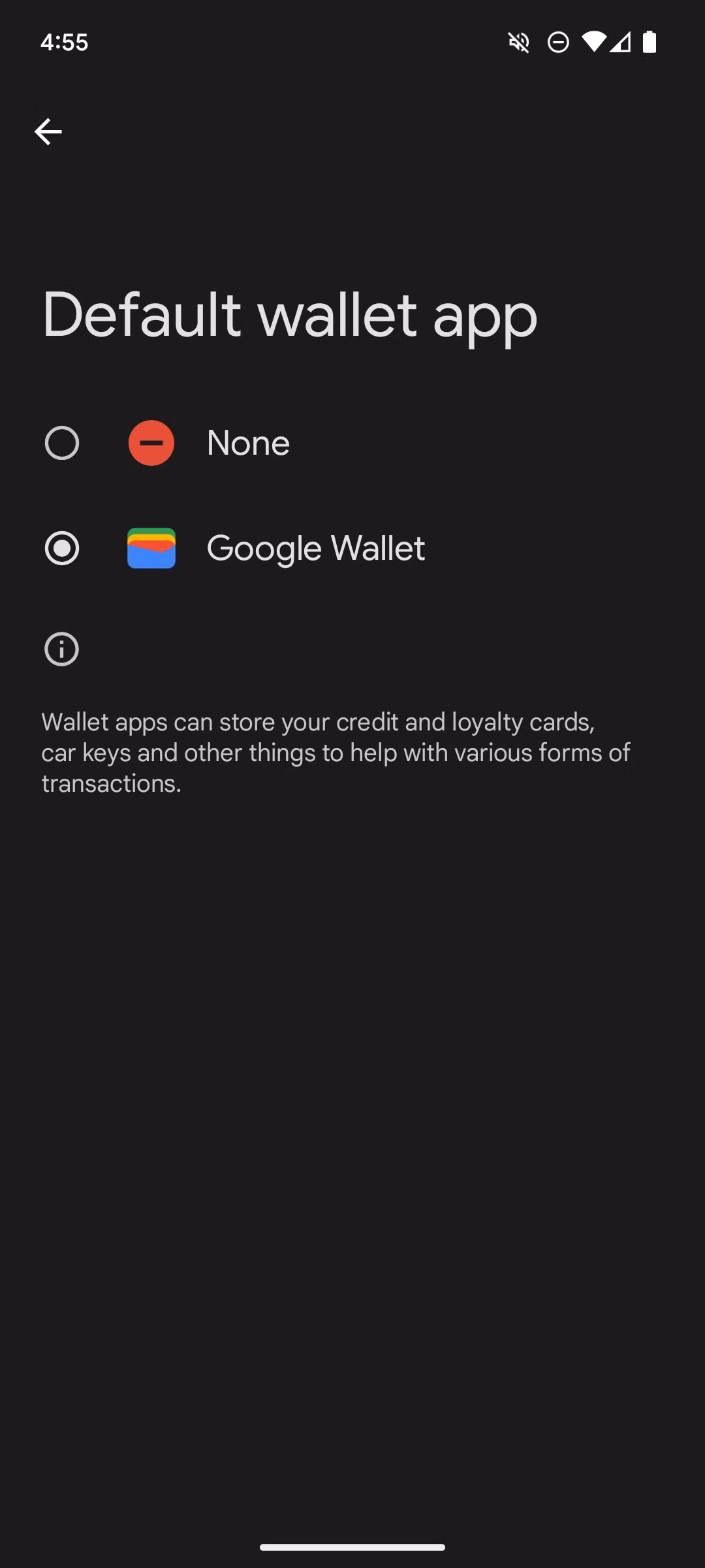 Android Settings, Default wallet app: Google Wallet is the only option