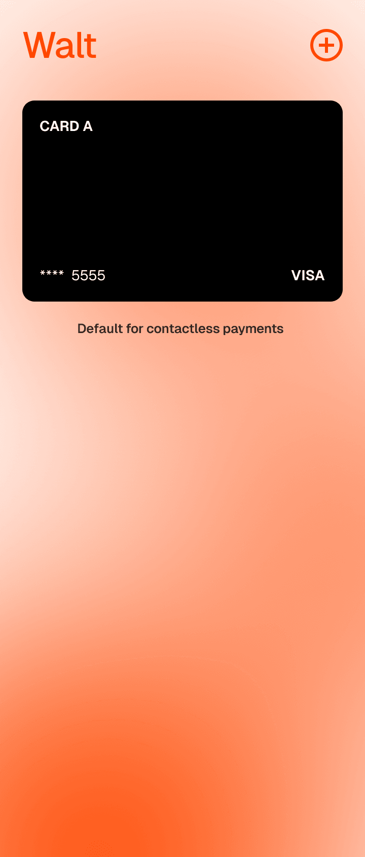 Walt app showing a loaded card set as the default for contactless payments