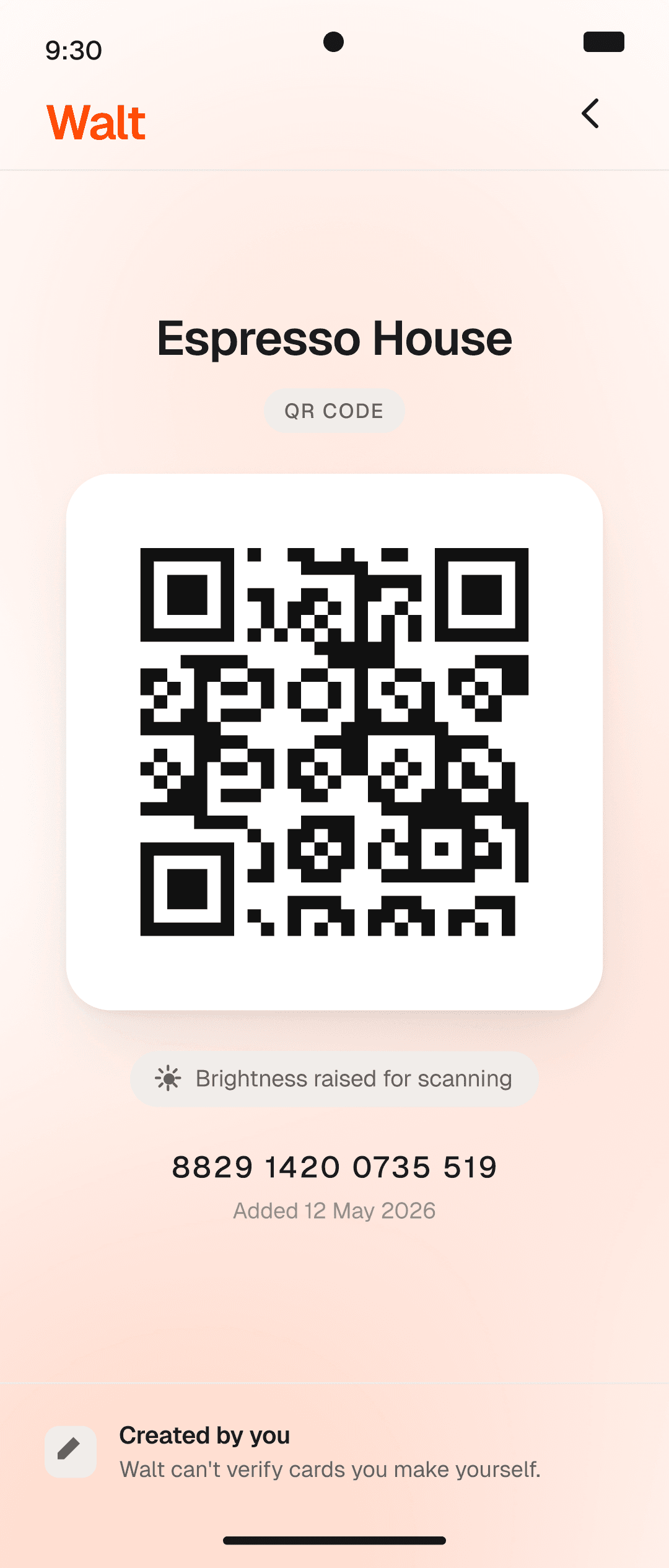 A self-created QR code pass shown ready to scan