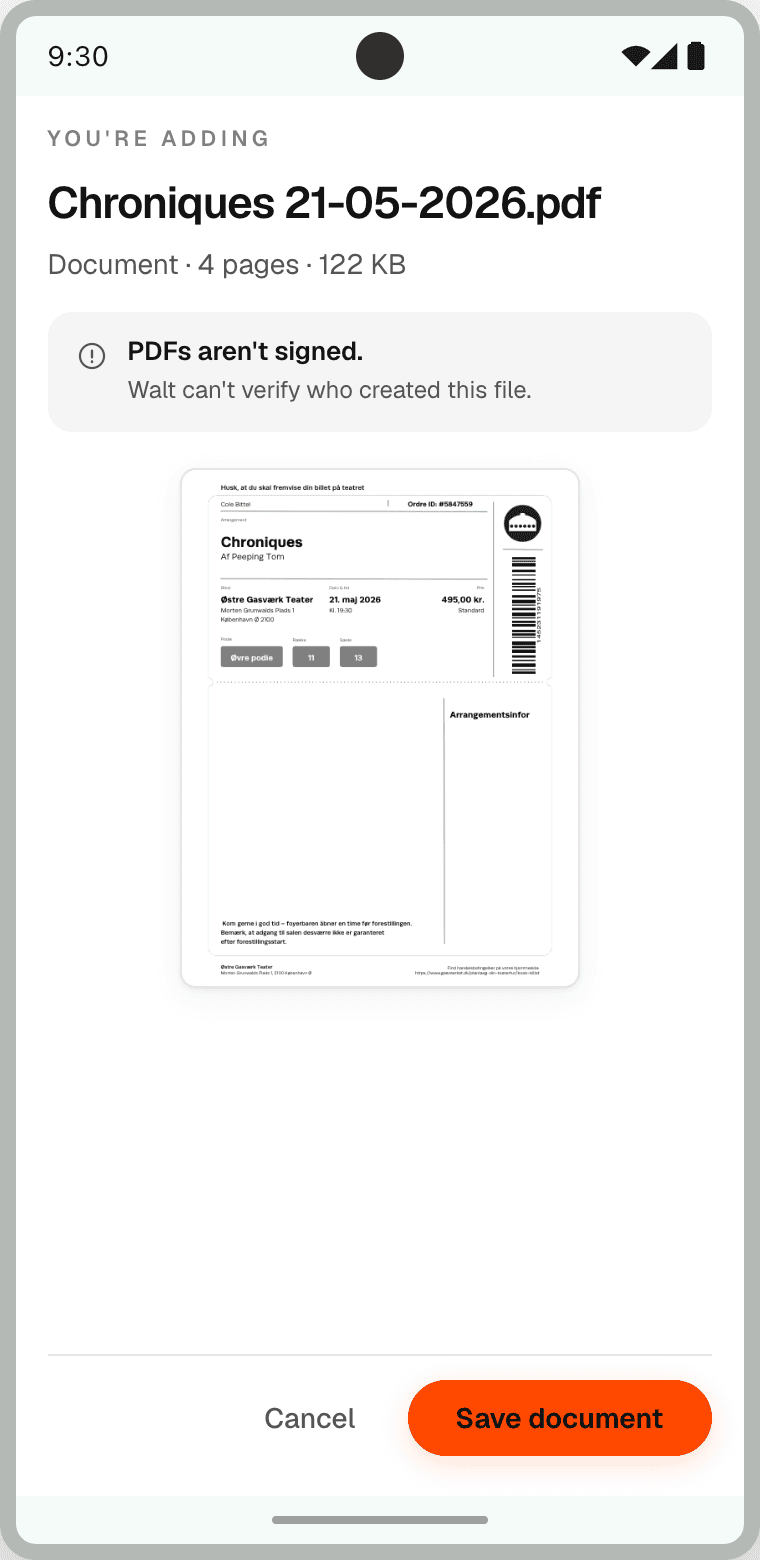 Import-confirm screen for a PDF ticket being added to Walt