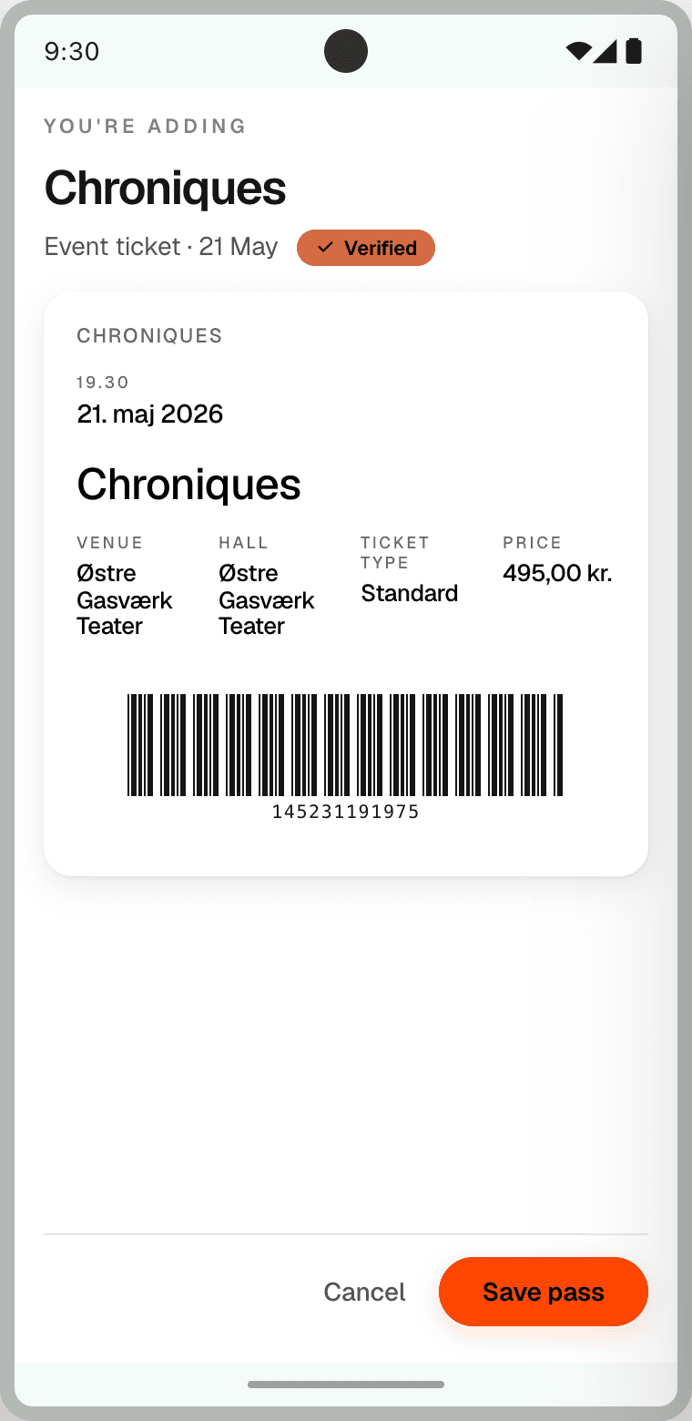 Import-confirm screen for a Chroniques event ticket imported from a .pkpass file