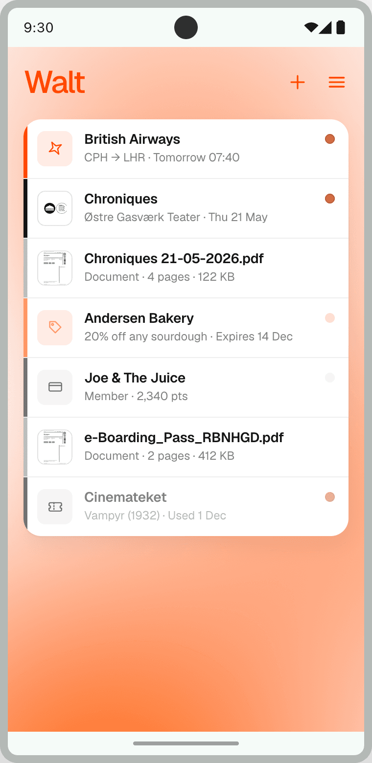 The Walt wallet showing imported passes: a British Airways boarding pass, Chroniques concert ticket, PDF document, Andersen Bakery coupon, Joe & The Juice loyalty card, e-boarding pass PDF, and Cinemateket ticket