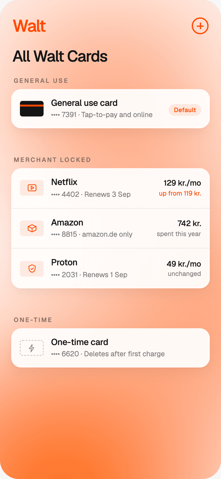 The All Walt Cards screen: a general use card, three merchant-locked cards for Netflix, Amazon and Proton, and a one-time card