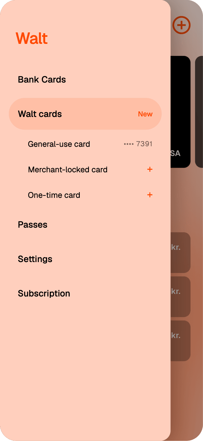 The Walt app menu with a Walt cards section listing a general use card, a merchant-locked card, and a one-time card